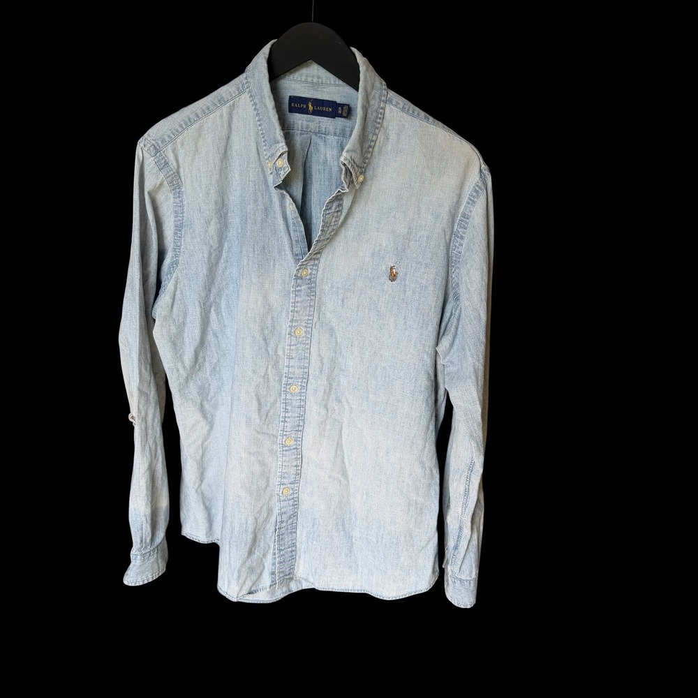 Ralph Lauren XL Light Wash Chambray Denim Button Down Shirt Distressed Hole